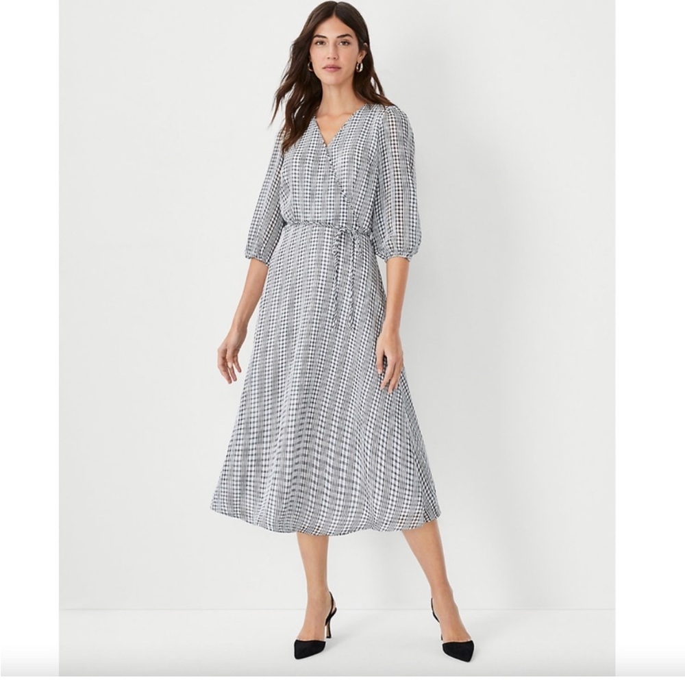 NWT Ann Taylor Checked Midi Wrap Dress Black White Size 6 petite v-neck‎